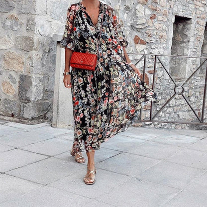 Robe Longue Femme - Imprimé Floral - Col V - Manches Courtes - Coupe Évasée Aérée