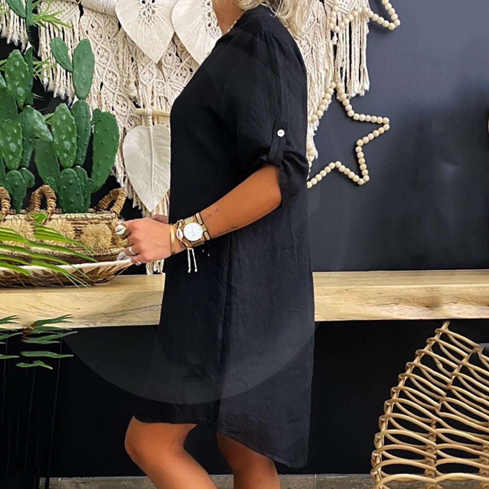 Robe Chemise Femme - Manches 3/4 - Coupe Droite Casual et Légère