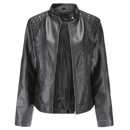 Veste en cuir femme – Coupe slim – Épaules matelassées – Col montant – Poches zippées