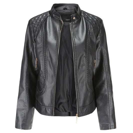 Veste en cuir femme – Coupe slim – Épaules matelassées – Col montant – Poches zippées