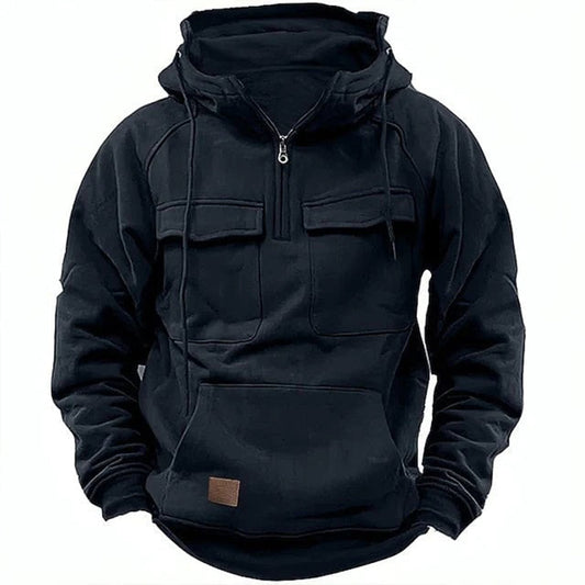 Sweat à capuche homme – Coupe décontractée – Coton – Demi-zip – Poches à rabat