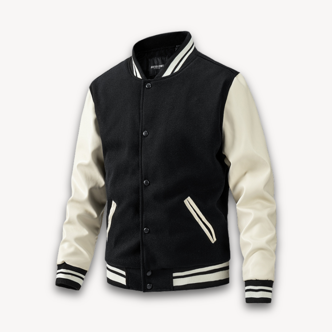 Veste universitaire homme – Coupe décontractée – Manches effet cuir – Boutons pression