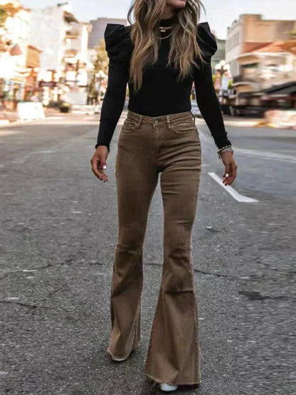 Femme Pantalon - Velours Côtelé - Taille Haute - Coupe Slim - Patte d’Éléphant