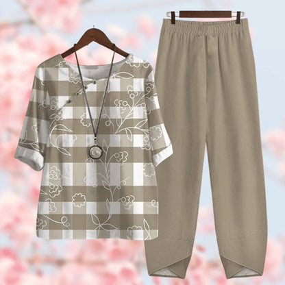 Ensemble Femme 2 Pièces – Coupe Décontractée – Tissu Respirant – Haut Fleuri – Pantalon Taille Élastique