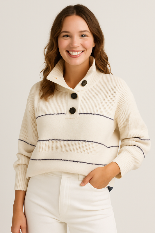 Pull femme – Maille douce – Coupe décontractée – Col boutonné – Finitions côtelées