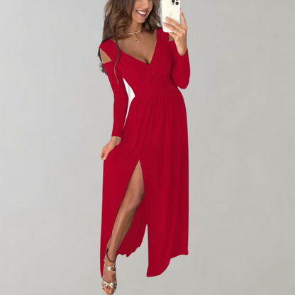Robe Longue Femme – Fendue Élégante – Manches Longues Épaules Dénudées – Décolleté V