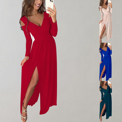 Robe Longue Femme – Fendue Élégante – Manches Longues Épaules Dénudées – Décolleté V