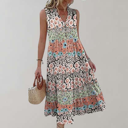 Robe Longue Femme - Sans Manches - Col V - Fluide et Boho - Motif Fleuri