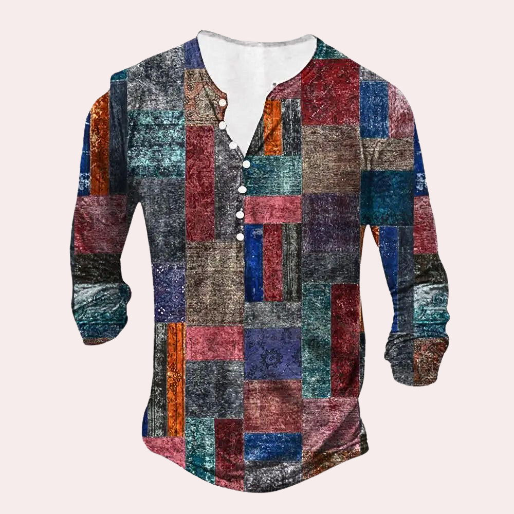 Pull homme – Coupe régulière – Coton – Col boutonné – Patchwork – Coudières
