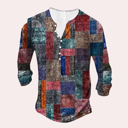 Pull homme – Coupe régulière – Coton – Col boutonné – Patchwork – Coudières