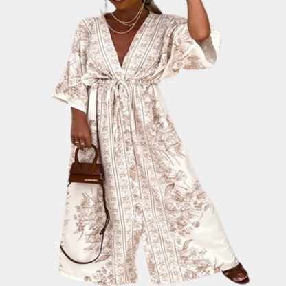 Robe Longue Femme - Maxi Fluide - Manches Évasées 3/4 - Col V - Ceinture Taille Ajustable