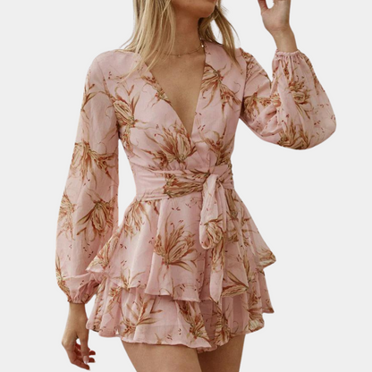 Robe Portefeuille Femme - Manches Longues - Décolleté V - Ceinture Taille - Imprimé Fleuri