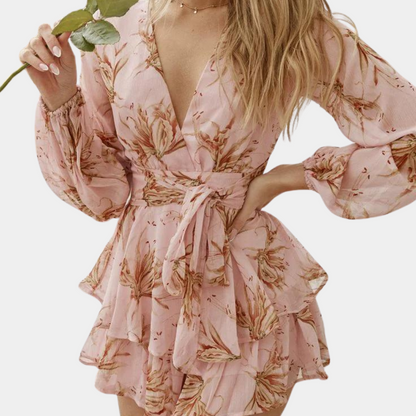 Robe Portefeuille Femme - Manches Longues - Décolleté V - Ceinture Taille - Imprimé Fleuri