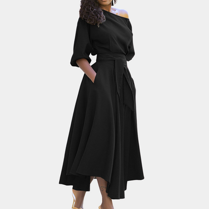 Robe Longue Femme - Épaules Dénudées - Ceinture Taille - Manches 3/4 - Élégante et Fluide