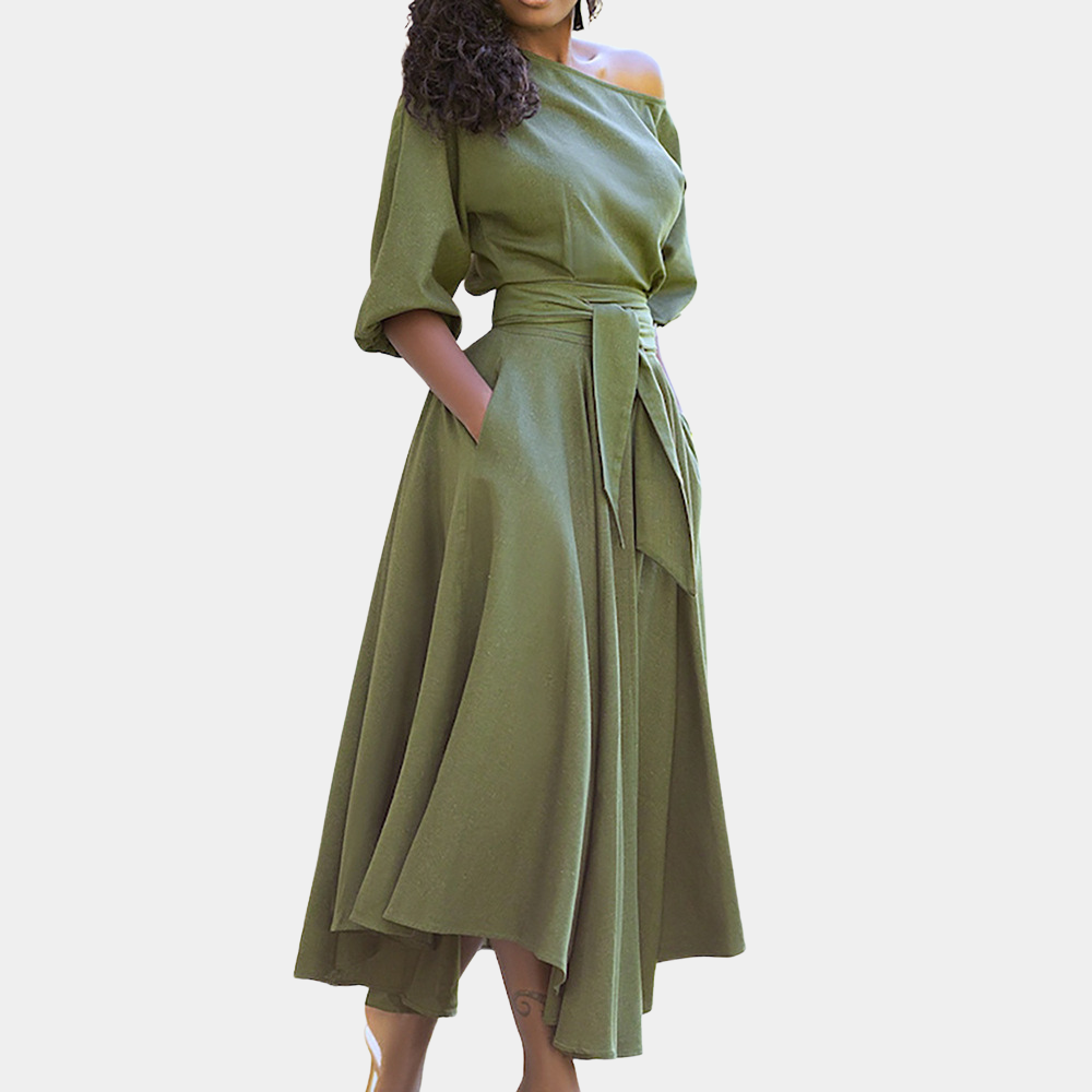 Robe Longue Femme - Épaules Dénudées - Ceinture Taille - Manches 3/4 - Élégante et Fluide