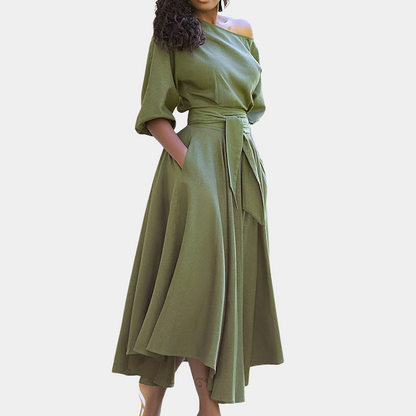 Robe Longue Femme - Épaules Dénudées - Ceinture Taille - Manches 3/4 - Élégante et Fluide
