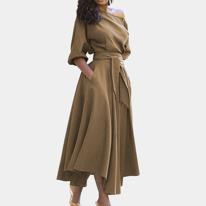 Robe Longue Femme - Épaules Dénudées - Ceinture Taille - Manches 3/4 - Élégante et Fluide