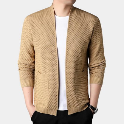 Blazer homme – Coupe slim – Maille texturée – Ouverture sans boutons – Finitions côtelées