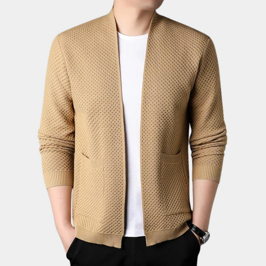 Blazer homme – Coupe slim – Maille texturée – Ouverture sans boutons – Finitions côtelées