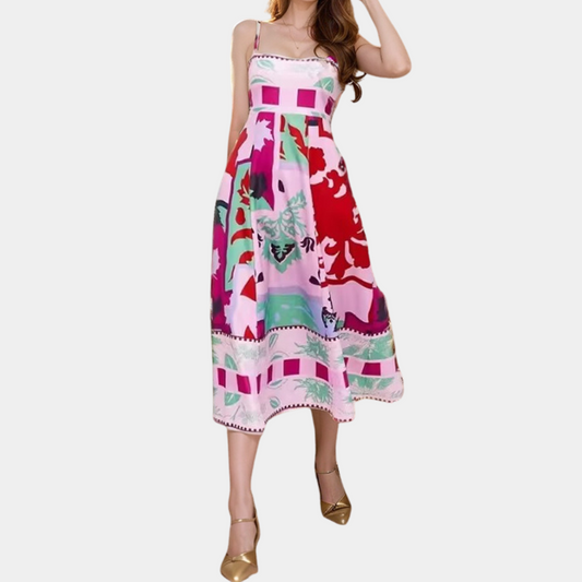 Robe Midi Femme - Sans Manches - Bretelles Fines - Coupe Évasée - Col Carré - Élégante