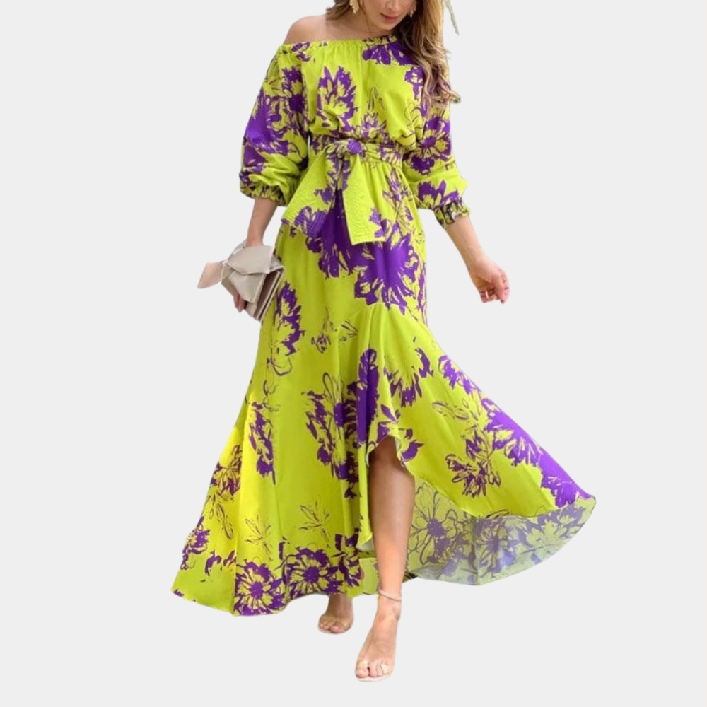 Robe Longue Femme - Épaules Dénudées - Manches 3/4 Bouffantes - Taille Ceinturée - Imprimé Fleuri