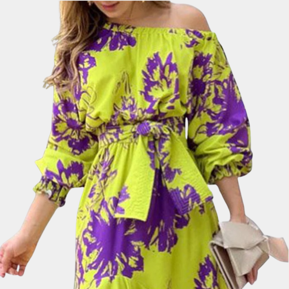 Robe Longue Femme - Épaules Dénudées - Manches 3/4 Bouffantes - Taille Ceinturée - Imprimé Fleuri