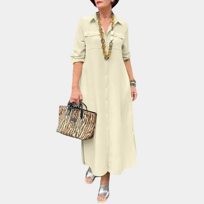 Robe Chemise Femme - Longue Boutonnée - Manches Longues Retroussables - Coupe Ample