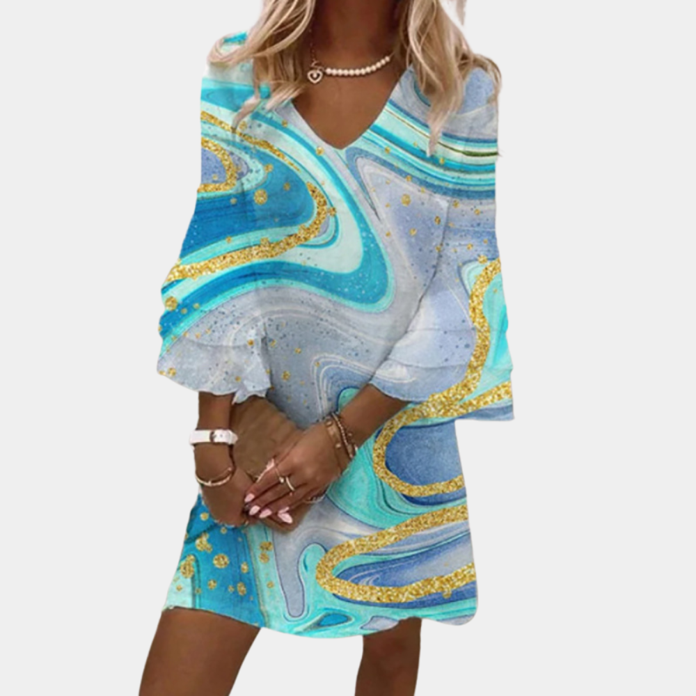 Robe Femme - Mini Fluide - Col V - Manches Évasées - Motif Abstrait Élégant