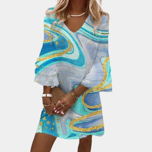 Robe Femme - Mini Fluide - Col V - Manches Évasées - Motif Abstrait Élégant