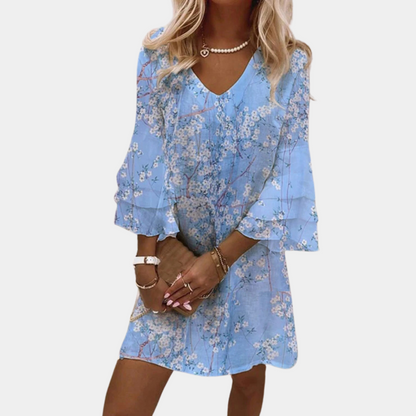 Robe Femme - Mini Fluide - Col V - Manches Évasées - Motif Abstrait Élégant