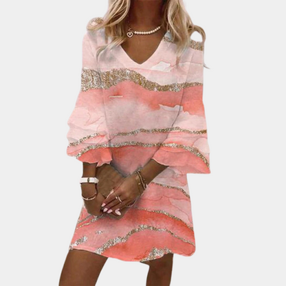 Robe Femme - Mini Fluide - Col V - Manches Évasées - Motif Abstrait Élégant