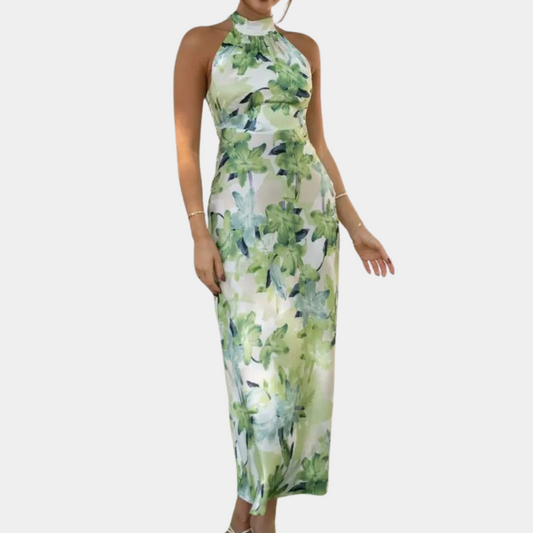 Robe Longue Femme - Sans Manches - Col Halter Élégant - Coupe Ajustée - Motif Fleuri