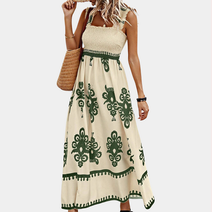 Robe Maxi Femme – Sans Manches – Encolure Carrée – Smockée – Style Fluide et Léger