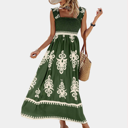 Robe Maxi Femme – Sans Manches – Encolure Carrée – Smockée – Style Fluide et Léger