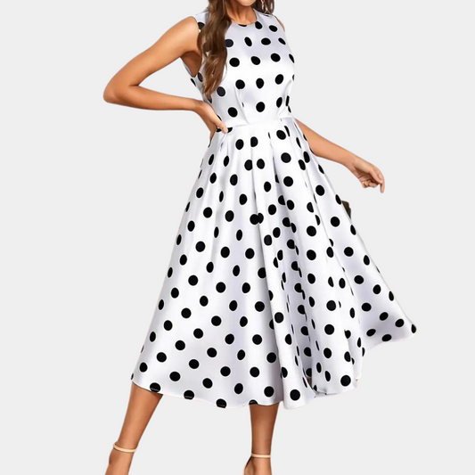 Robe Midi Femme - Sans Manches - Coupe Évasée - Motif Pois Élégant