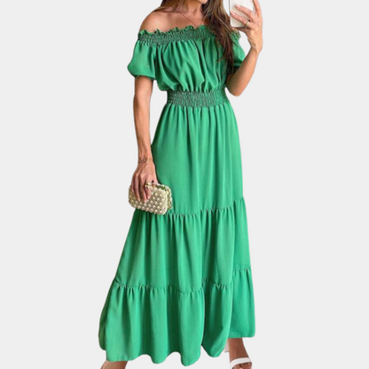 Robe Longue Femme - Épaules Dénudées - Haut Smocké - Manches Courtes - Coupe Fluide