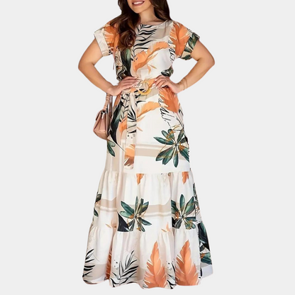 Robe Longue Femme – Imprimé Tropical – Manches Courtes – Ceinture Taille – Coupe Fluide