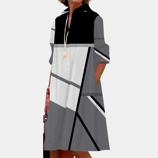 Robe Femme - Coupe Évasée - Longueur Genou - Manches Mi-Longues - Col V Élégant