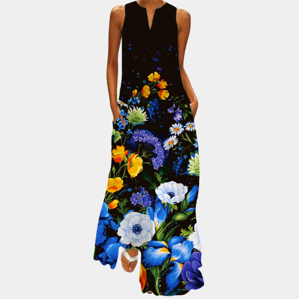 Robe Longue Femme - Sans Manches - Col Rond - Coupe Évasée Élégante - Imprimé Artistique