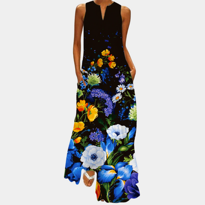 Robe Longue Femme - Sans Manches - Col Rond - Coupe Évasée Élégante - Imprimé Artistique