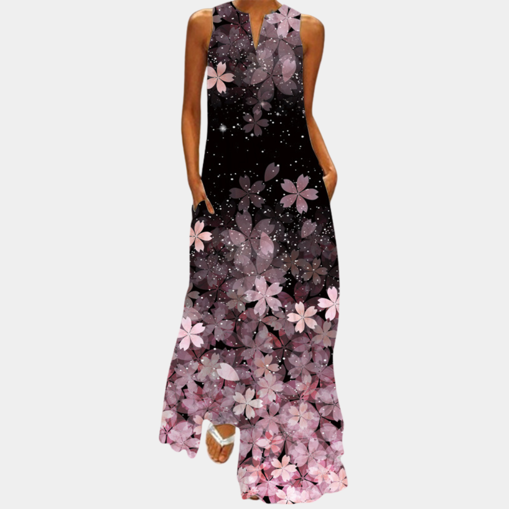 Robe Longue Femme - Sans Manches - Col Rond - Coupe Évasée Élégante - Imprimé Artistique
