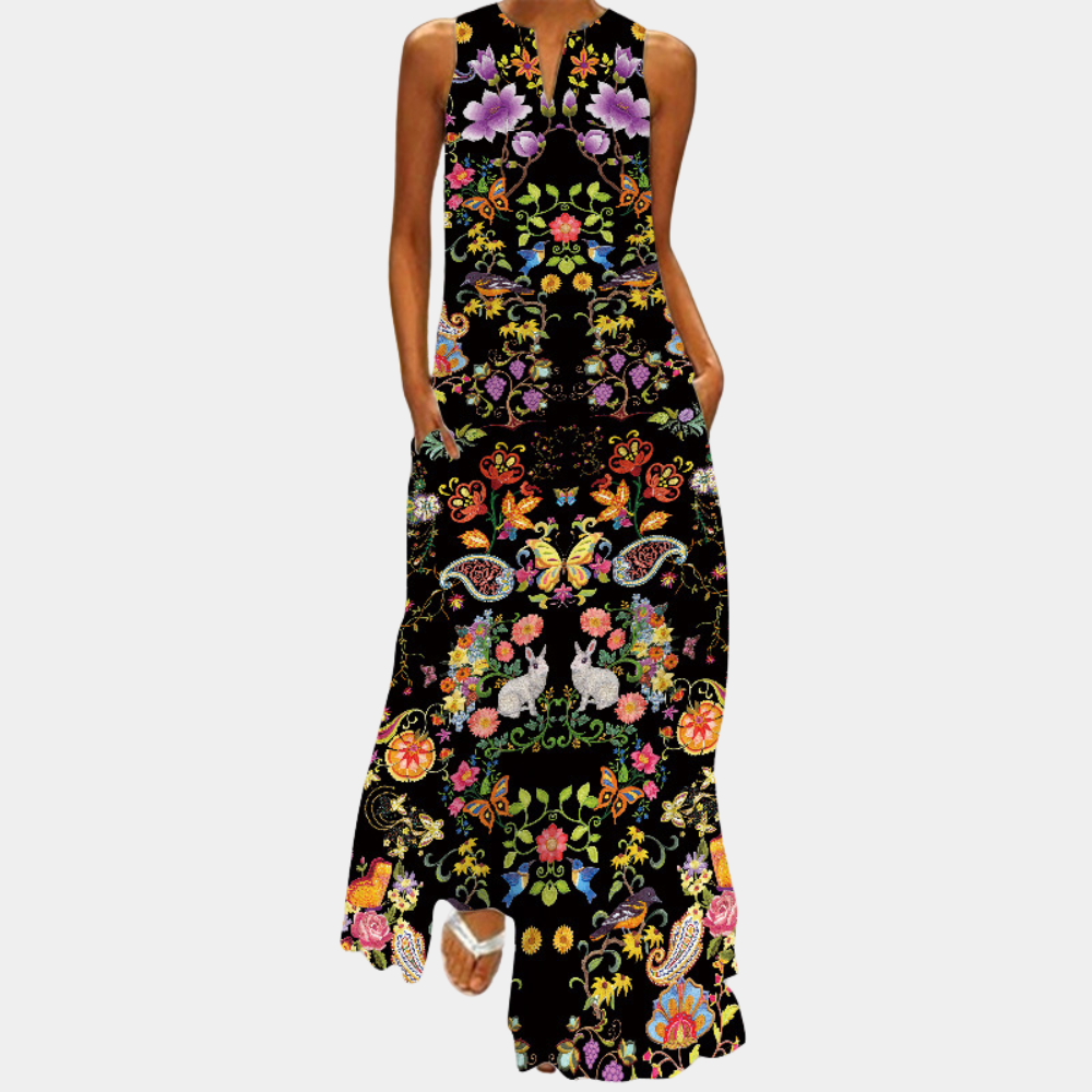 Robe Longue Femme - Sans Manches - Col Rond - Coupe Évasée Élégante - Imprimé Artistique