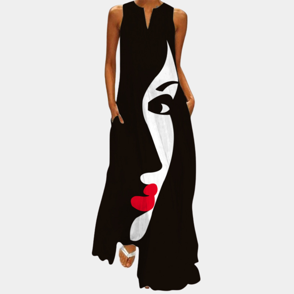 Robe Longue Femme - Sans Manches - Col Rond - Coupe Évasée Élégante - Imprimé Artistique