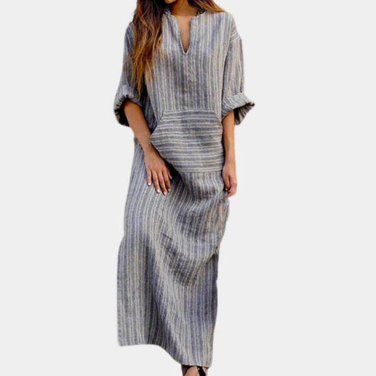 Robe Kaftan Femme - Coupe Ample - Manches 3/4 - Motif Rayé - Tissu Léger Casual