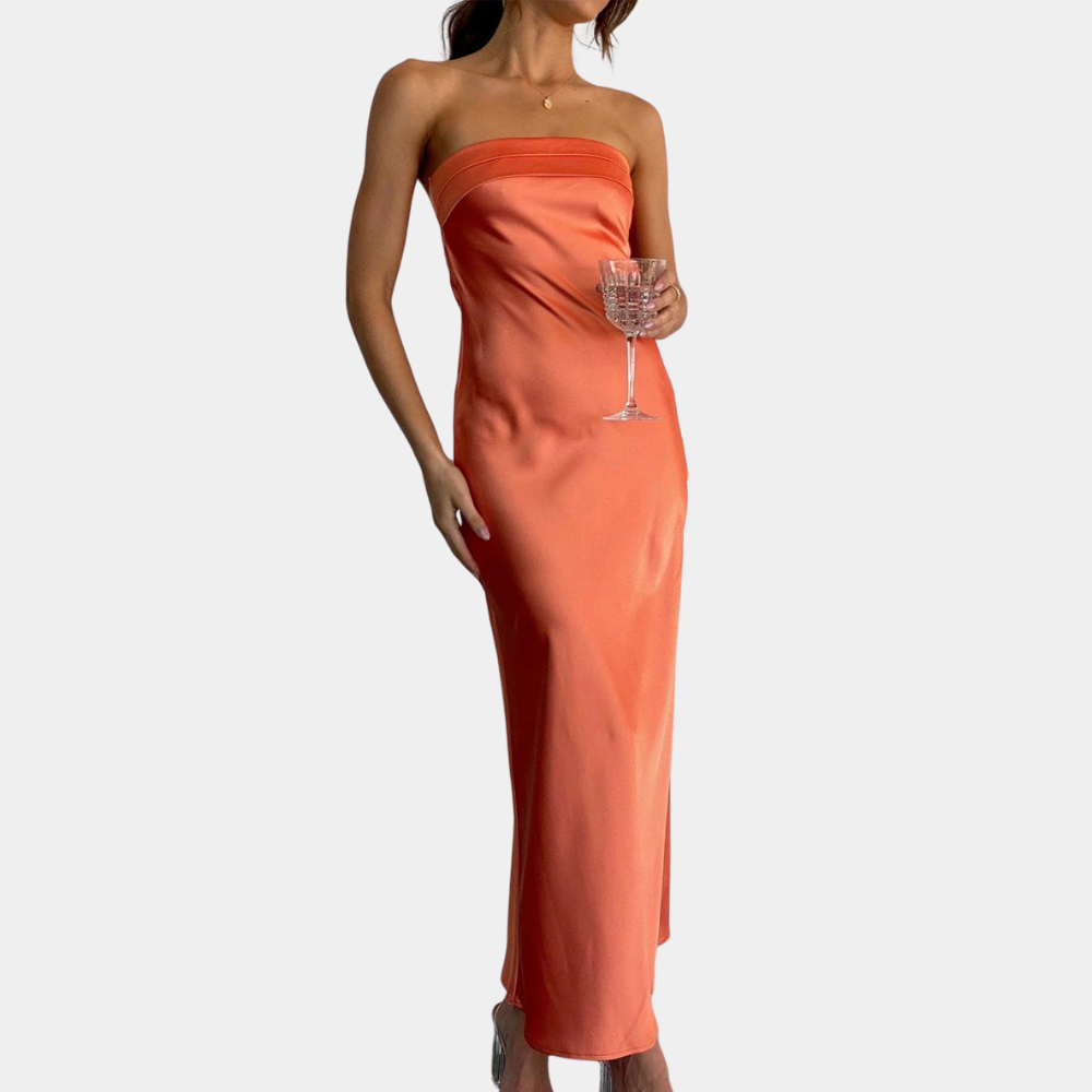 Robe Longue Femme - Satin Élégant - Sans Bretelles - Coupe Cintrée Soirée
