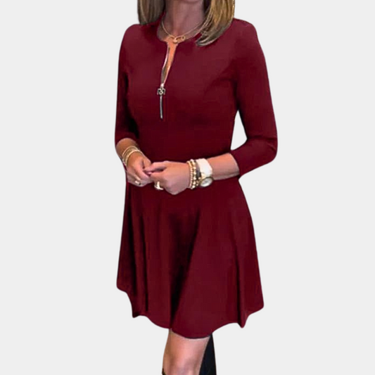 Robe Femme - Coupe Évasée - Manches 3/4 - Col Rond avec Zip - Longueur Genou
