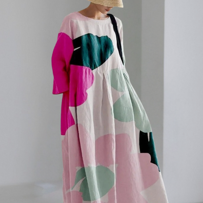 Robe femme longue – Coupe oversize – Fibres naturelles – Motif abstrait artistique