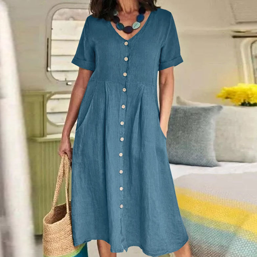 Robe Midi Femme - Lin Respirant - Manches Courtes - Boutonnée avec Poches