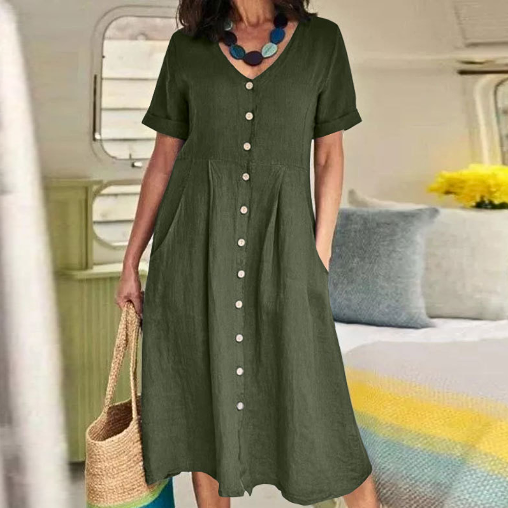 Robe Midi Femme - Lin Respirant - Manches Courtes - Boutonnée avec Poches