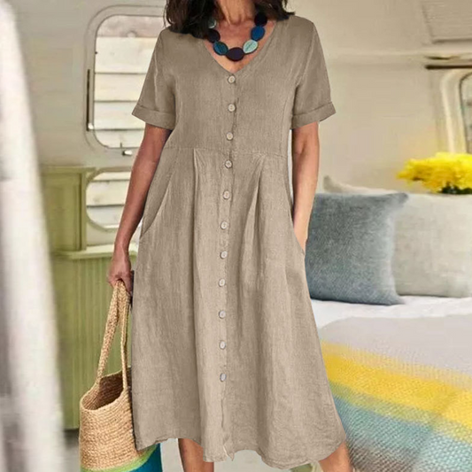 Robe Midi Femme - Lin Respirant - Manches Courtes - Boutonnée avec Poches